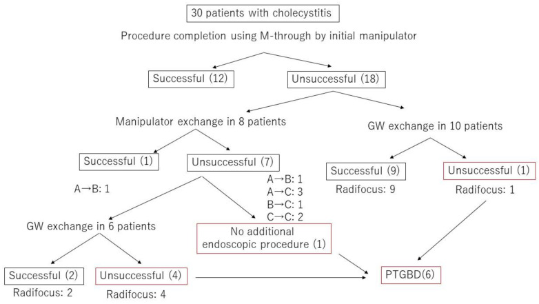 Flowchart of the procedural details including GW and/or manipulator exchange in cholecystitis cases.Experience level of GW manipulator; A was defined as less than five years of experience, B as five years or more but less than 10 years, and C as 10 years or more.