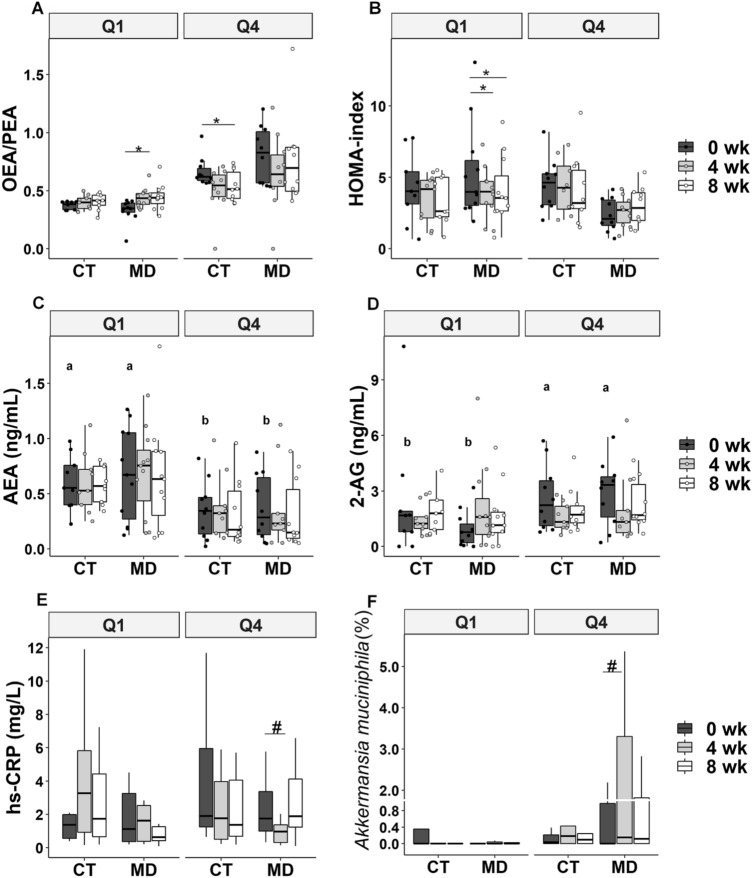 Plasma OEA/PEA ratio (a), HOMA index (b), plasma AEA concentration (c), plasma 2-AG concentration (d), serum hs-CRP concentration (e) and faecal Akkermansia muciniphila relative abundance (f) in participants from the control group (CT) and Mediterranean diet group (MD) in the lowest (Q1) and highest quartile (Q4) for OEA/PEA ratio at baseline (0 wk), 4 weeks (4 wk) and 8 weeks (8 wk). Q1 = minimum to 25th percentile of OEA/PEA ratio at baseline (CT, n = 9; MD, n = 11), Q4 = 75th percentile to maximum of OEA/PEA ratio at baseline (CT, n = 10; MD, n = 10). Different letters on the box plots indicate p < 0.05 between quartiles (MD + CT) at 0 wk by independent samples T test. *p < 0.05 within-group comparison by 2-way ANOVA with repeated measures; #p < 0.05 within-group comparison by Wilcoxon test. Two outliers have been removed from panel E and 1 outlier from panel F for simpler visualisation. 2-AG, 2-Arachidonoylglicerol; AEA, Arachidonoylethanolamide; OEA, Oleoylethanolamide; PEA, Palmitoylethanolamide; hs-CRP, high-sensitivity C-reactive protein; HOMA index, Homeostatic model assessment of insulin resistance index