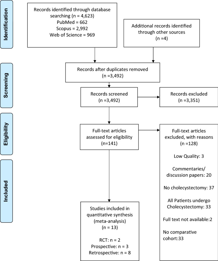 Identification, review and selection of articles included in the meta-analysis of impact of prophylactic cholecystectomy following ERCP