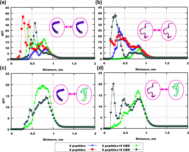RDFs between molecular center of mass, computed over 250 ns: (a) Aβ(31–35) and Aβ(31–35); (b) Aβ(25–35) and Aβ(25–35); (c) Aβ(31–35) and CBD; (d) Aβ(25–35) and CBD. The visualization is the following: purple ribbons are Aβ(25–35), blue ribbons are Aβ(31–35), and green molecules are CBD. The sizes of molecules were rescaled for the purpose of the schematic visualization.