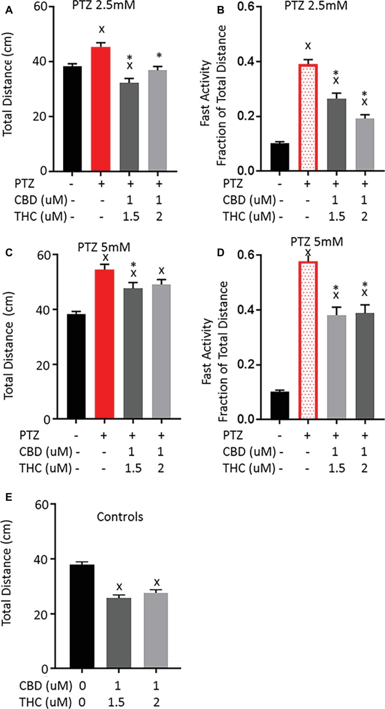 Comparison of PTZ-induced activity patterns following pre-exposure to cannabidiol (CBD) and tetrahydrocannabinol (THC). (A,C) Total activity during 30-min time bin following exposure to 2.5 and 5 mM PTZ. (B,D) Fast activity (>20 mm/s) represented as a fraction of total activity. (E) Control activity following CBD + THC exposure. Significance was measured using a one-way ANOVA followed by Dunnet’s multiple comparison test (p = 0.05). X: significant difference from controls.*: significant difference from PTZ (n = 36 for each treatment group; n = 72 for PTZ 2.5, PTZ 5, and controls).
