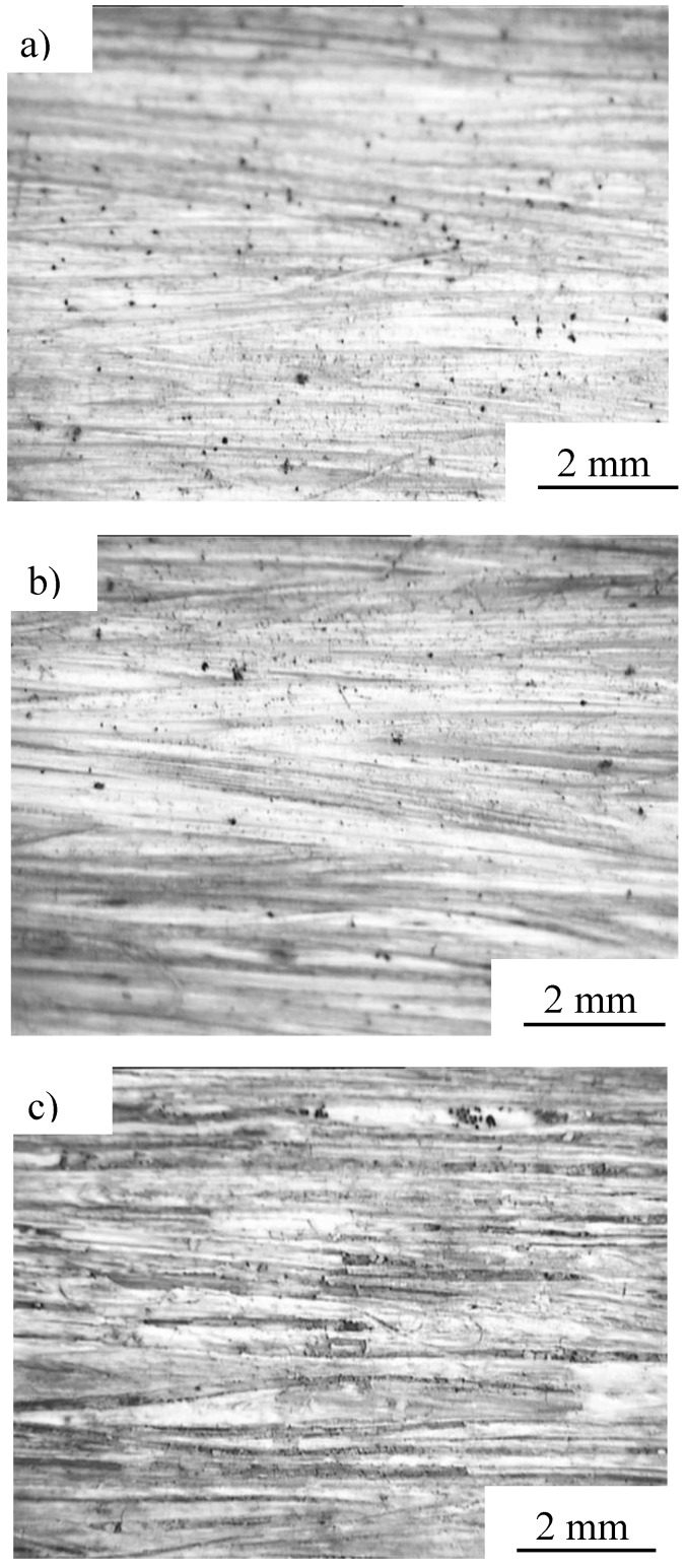 Survey photomicrographs of MHFRP tested after 240 days. a) upper, b) middle and c) lower part of the specimen (air; air and natural soil; natural soil exposed, respectively) under Condition 2.