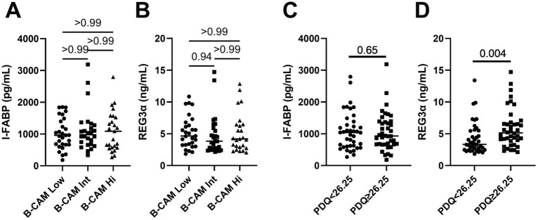 Levels of gut damage markers among groups of ART-treated men living with HIV with different cognitive function. Levels of the gut damage marker I-FABP (A, C) and gut permeability marker REG3α (B, D) in ART-treated men living with HIV with higher than the B-CAM groups (A, B) or with median PDQ lower or higher than the median of 26.25 (C, D). A, B: Kruskal–Wallis’s test with Dunn’s post-test. C, D: Mann Whitney’s test