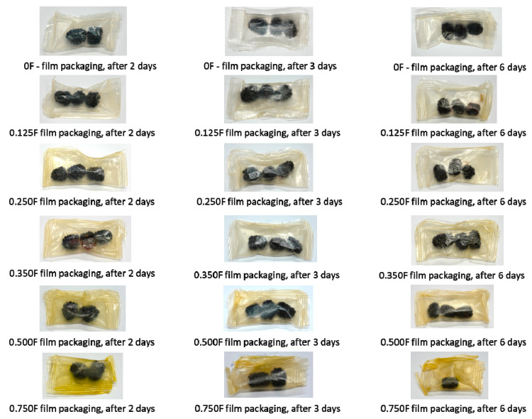 Images of fruit packaged in 0F, 0.125F, 0.25F, 0.35F, 0.5F, and 0.75F film stored for 2, 3, and 6 days.