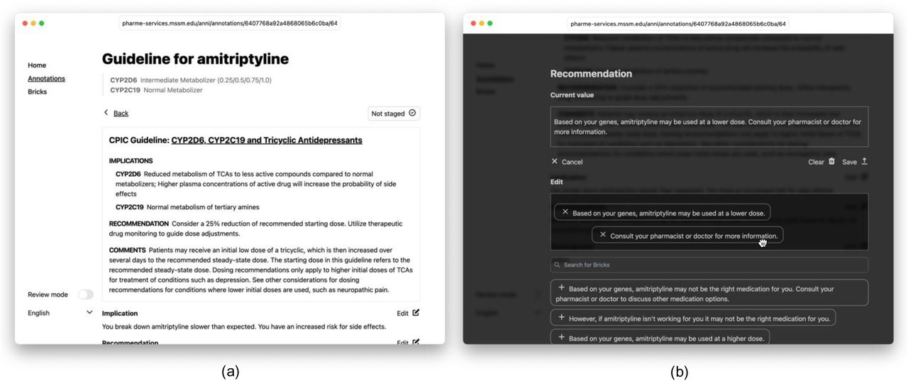 Annotation creation in Anni; (a) guideline data and annotations for one phenotype; (b) editing annotations with text bricks.