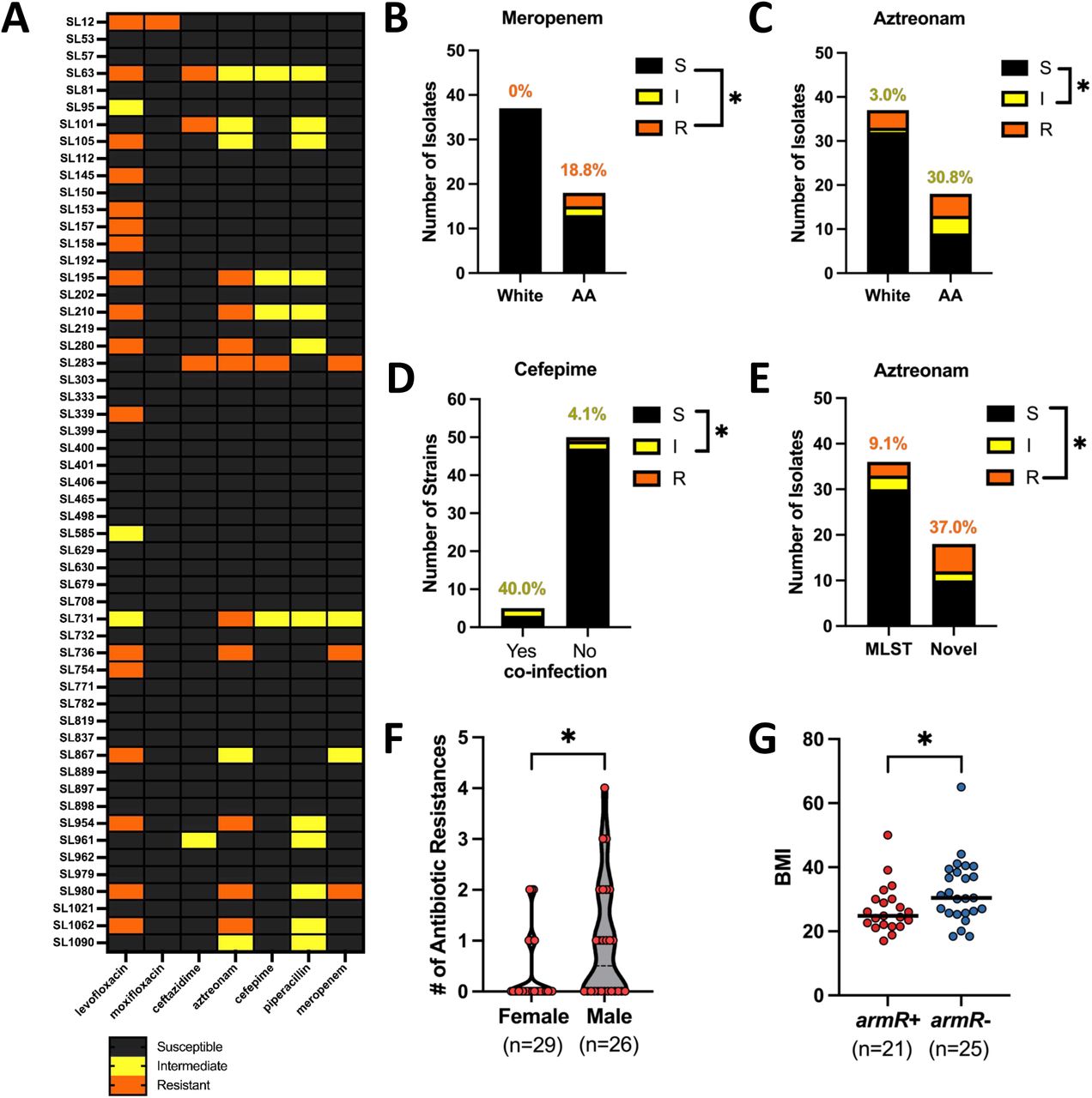 Antimicrobial resistance in P. aeruginosa isolates is associated with patient race, sex, and strain type.(A) Antibiotic susceptibility testing (AST) was performed at the University of South Alabama hospital, and strains were classified as susceptible (S, shown in black), intermediate (I, shown in yellow), or resistant (R, shown in orange) to 7 antibiotics based on the minimum inhibitory concentrations (MICs). (B-C) Bar graphs representing the median number of isolates from White and African American (AA) patients with (B) meropenem resistance and (C) aztreonam intermediate resistance. (D) Bar graph of cefepime intermediate susceptibility in isolates from polymicrobial vs monomicrobial UTIs. (E) Bar graph representing aztreonam susceptibility in isolates with established ST types (MLST) vs novel ST types (Novel). Fisher’s exact test was used to determine significance of panels B-E (*P<0.05). (F) Violin plot of the total number of antibiotic resistances (R or I) per strain in isolates from females and males. Each point represents a clinical isolate. (G) Plot of patient BMI of isolates with (red) and without (blue) the armR gene. Each dot represents a clinical isolate, and the median is indicated with a black line. Mann-Whitney U test was used for panels F-G (*P<0.05).