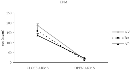 Behavioral responses of avoiding (AV), balancing (BA), and approaching (AP) mice in the EPM.All animals regardless the category they belonged to spent more time in the close arms, exhibiting thus the normal open arm avoidance.