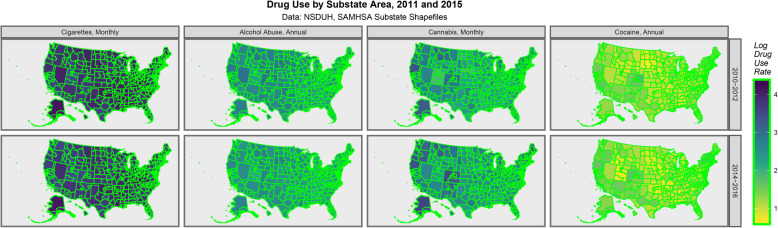 Drug Use across USA by substate area. Data from NSDUH Shapefiles