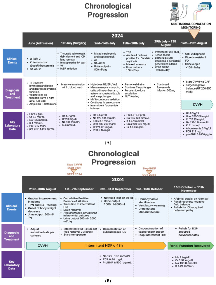 (A). Chronological progression of the patient’s clinical course, major interventions, and representative laboratory parameters from June to mid-August 2204. (B). Chronological progression of the patient’s clinical course, major interventions, and representative laboratory parameters from mid-August 2024 to mid-November 2024.Values are selected to illustrate significant changes in organ function, fluid status, and systemic inflammation during hospitalization. Created in https://BioRender.com. Abbreviations: Hb: hemoglobin; Cr: creatinine; Na: sodium; K: potassium; PCR: C-reactive protein; pro-BNP: N-terminal pro–B-type natriuretic peptide; PA: pulmonary artery; VF: ventricular fibrillation; IABP: intra-aortic balloon pump; NE: norepinephrine; EPI: epinephrine; VAS: vasopressin; MV: mechanical ventilation; AF: atrial fibrillation; TEE: transesophageal echocardiography; TQT: tracheostomy; NJT: nasojejunal tube; FO: fluid overload; CRS-2: cardiorenal syndrome type 2; CVVH: continuous veno-venous hemofiltration; CAF: central access femoral catheter; TPN: total parenteral nutrition; HDF: hemodiafiltration; SFA: superficial femoral artery; ICD: implantable cardioverter-defibrillator; UF: ultrafiltration.