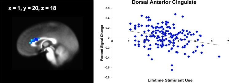 Huber robust regression with lifetime substance use in occasional stimulant users (n = 158).Stimulant users with relatively greater lifetime stimulant uses show a diminished recruitment of anterior cingulate. Risky vs. safe decisions, cluster significance of p < .05 corrected for multiple comparisons (voxel-wise probability: p < .05).