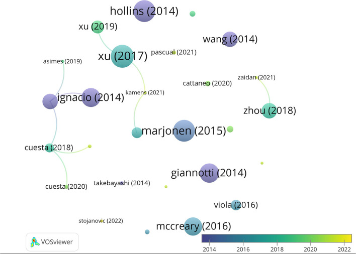 Network data map of the articles' citations. Point size represents the number of citations received and colors the publication year. Lines represent the number of co-citations evidencing only three clusters.