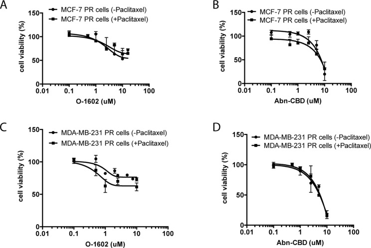 Atypical cannabinoids effect on the viability of paclitaxel-resistant cells. (A) Cell viability measured in paclitaxel-resistant (PR) MCF-7 cells following 48-h treatment with various concentrations of O-1602 alone or in presence of paclitaxel. (B) Effect of Abn-CBD ± paclitaxel on MCF-7 PR cells. (C) Effect of O-1602 ± paclitaxel on MDA-MB-231 PR cells. (D) Effect of Abn-CBD ± paclitaxel on MDA-MB-231 PR cells.