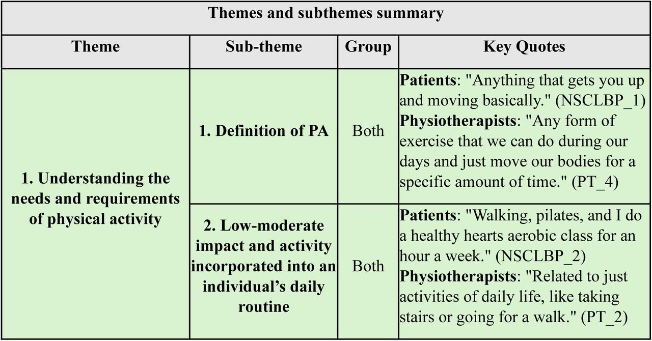 Themes and subthemes are summarised in this table, with quotations from patients and physiotherapists.