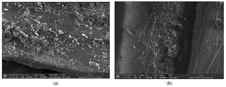 (a,b) Morphology (FESEM image) of the ND-colored Batik fabric surface before and after washing, respectively. (c,d) Chemical composition of ND-colored Batik fabric from the EDX analysis before and after washing, respectively.