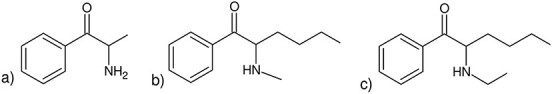 Structures of (a) cathinone, (b) hexedrone and (c) N-ethylhexedrone.