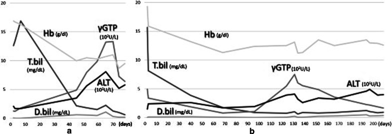 Laboratory data. a Preoperative laboratory data of Case 1. The transaminase and gamma-glutamyl transpeptidase (γGTP) concentration were elevated, but the direct bilirubin concentration was not significantly increased. b Preoperative laboratory data of Case 2. The hemoglobin level gradually decreased but the transaminase and γGTP concentrations did not increase during the neonatal period. However, the serum levels of transaminases and γGTP began to gradually increase at 4 months