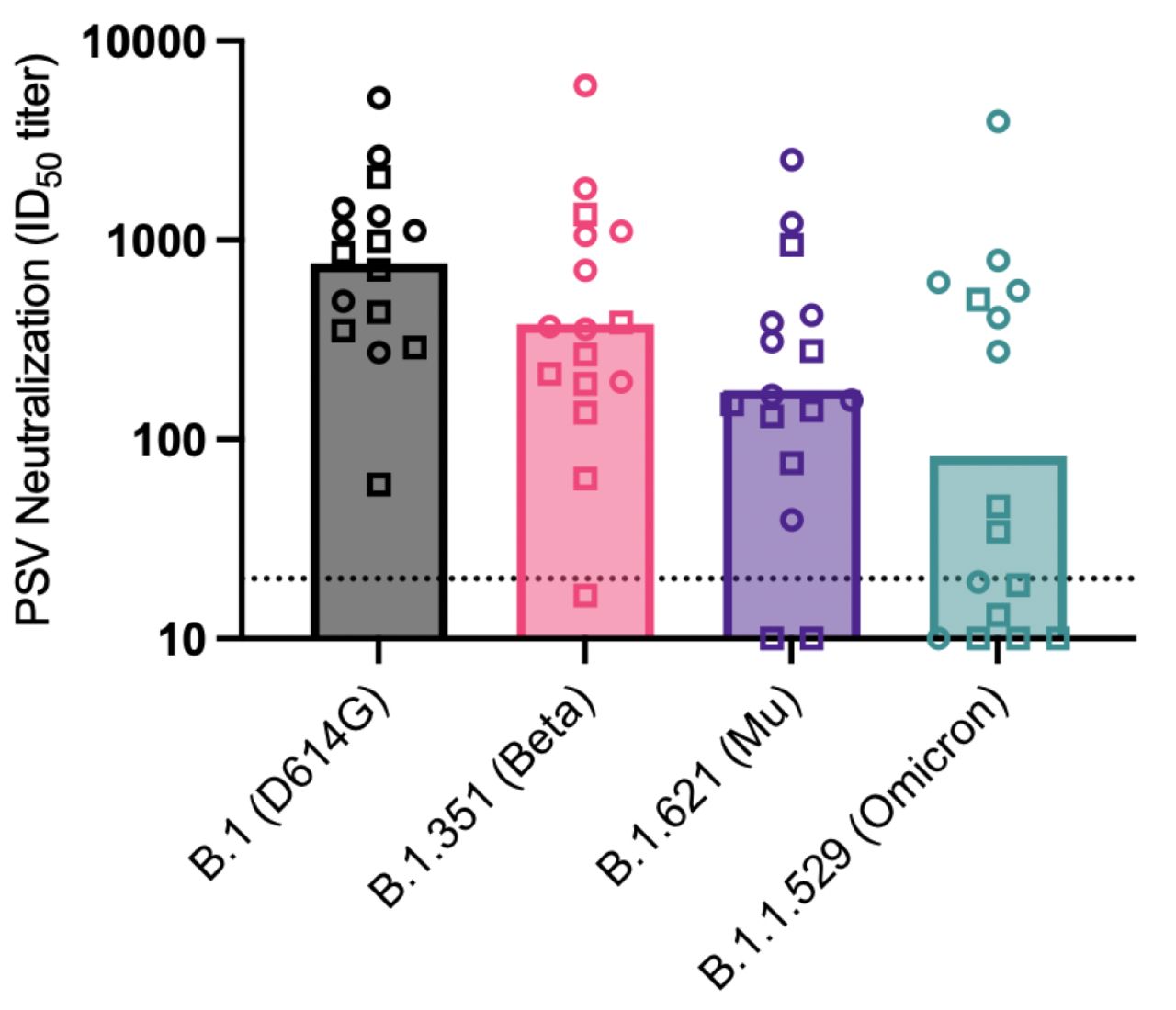 Neutralizing activity of sera from a subset of BD (squares) and HW (circles) against B.1, Beta, Mu, and Omicron, from an independent assay replicate. Sample selection was biased towards samples that showed extreme maintenance or loss against Omicron. For the subset of samples included in both runs, Omicron titers were reproducible (rho = 0.96, calculated from IC50s in the log domain).