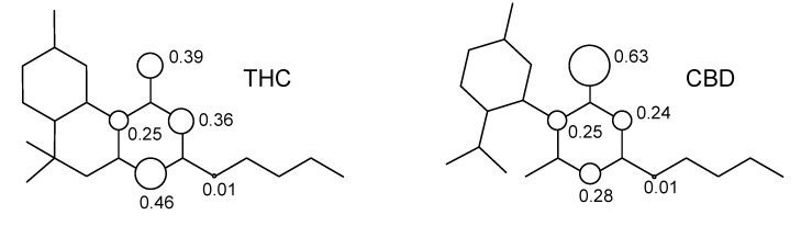 Structure of tetrahydrocannabinol (THC) and cannabidiol (CBD).
