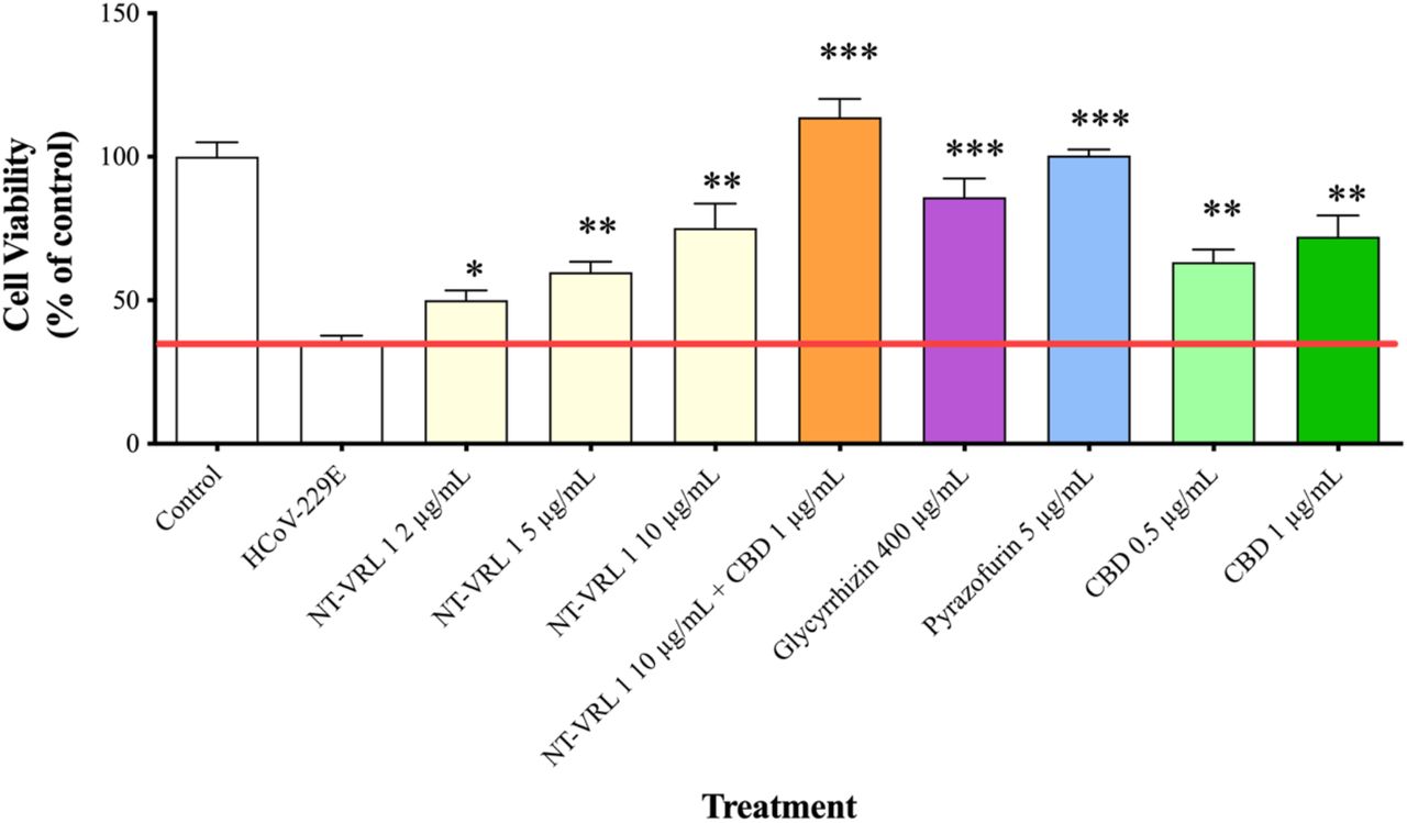 Protective effect of pretreatment of MRC-5 cells with the compounds against HCoV-229E infection. MRC-5 cells were first pretreated with different concentrations of the compounds for 1 h and then exposed to HCoV-229E for an additional 72 h. Cell viability was determined using an XTT assay. Results represent mean percent viability ± SEM (n = 4). Statistics are presented for each treatment compared to cells treated with HCoV-229E only. *p < 0.05, **p < 0.01 and ***p < 0.001, according to a t-test.