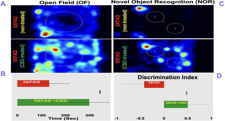 Inhaled CBD improves cognitive performance in mice with AD. A, Heat maps from the OF test show increased central zone exploration in CBD-treated 5xFAD mice compared with untreated controls. B, Quantification of OF performance demonstrates significantly greater time spent in the central zone for CBD-treated mice (p ≤ 0.001). C, Heat maps from the NOR test indicate enhanced exploratory preference in CBD-treated 5xFAD mice. D, DI analysis confirms improved recognition memory with CBD treatment (DI, ∼0.5 vs −0.4; p ≤ 0.001). Data are mean ± SEM.