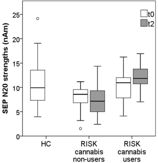Mean N20 strengths in cannabis non-users (n = 19) vs. cannabis users (n = 8) from the RISK group at baseline (t0) and at follow-up (t2), compared to the reference values from the HC group (n = 35).