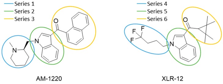 Bioisosteric replacement of selected compounds. The different studied parts of the molecules are highlighted in blue, green, and yellow.