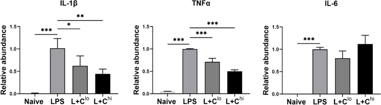 In vivo CBD reduced LPS induced IL-1β and TNF-α in astrocytes and microglia.B6 mice were randomly separated into three groups for intraperitoneal (ip) injection of vehicle, 10mg/kg CBD or 75mg/kg of CBD. After 30 min, all mice were given 5mg/kg of LPS ip. Naïve mice received both vehicle and PBS. Four hours later, astroglia including astrocytes and microglia were isolated from brain homogenates. mRNA levels of IL-1β, TNF-α and IL-6 were determined by RT-PCR and the relative abundance of these genes were expressed compared to housekeeping gene β-actin. Five brains per group were pooled for one experiment. Data from two independent experiments is presented. Means ± SEM are shown. *p<0.05, **p<0.01 and ***p<0.001 compared to LPS group using one-way ANOVA followed by Dunnett’s test.
