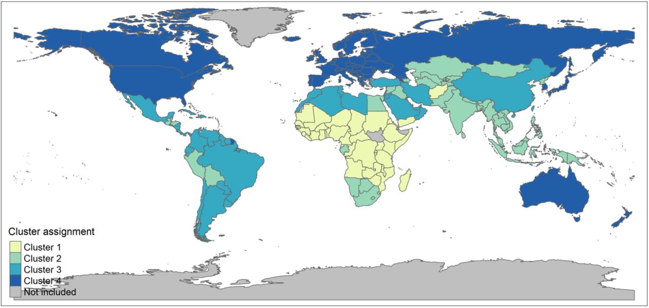 Map showing which of 186 countries, areas, territories (CTAs) clustered together using Latent Class Model (LCM) based on infection burden, antibiotic resistance, sociodemographic factors and healthcare infrastructure and access factors. Cluster 1 countries are generally lowest income countries and Cluster 4 countries are generally highest income countries.