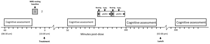 Testing session timeline on Day 1 and Day 56. Cognitive assessments were completed at 8:30 am (pre-dose) and 60-, 180- and 300 min post-dose. Cerebral blood flow measures were taken from a subset of participants at baseline and then again at post-dose between the 60- and 180 min cognitive assessments. A standardized lunch was provided at ~2:00 pm.