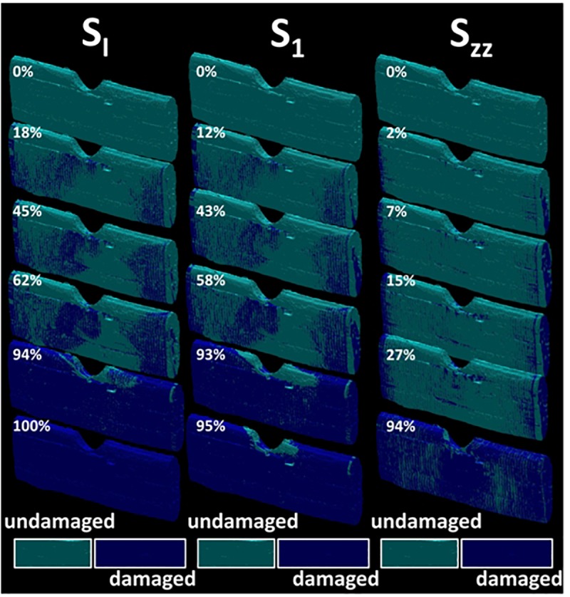 Evolution of the damage ratio as a function of the load level for different damage stress criteria SI, S1, and SZZ (U-notch (FXU4). The damage ratio is labeled for each sequence. The snapshots are extracted based on a regular stepping between the initial load step (image on the top) and the displacement at break (image on the bottom).