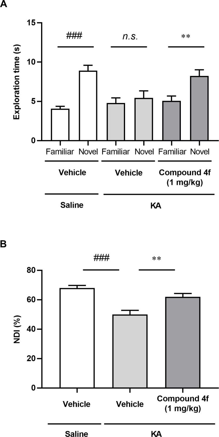 Effects of compound 4f on cognitive function in mice with KA-induced neurodegeneration.(A) Retention trial was performed 24 h after the acquisition trial, and the duration was measured. Results are presented as the mean ± SEM, n = 20 for vehicle-treated group of saline-injected mice. n = 28 for vehicle- and compound 4f-treated group of KA-injected mice. ###P ≤ 0.001 significant differences in exploration times for the novel object and the familiar object compared to saline-injected mice using the Aspin-Welch test. **P ≤ 0.01 significant differences in exploration times for the novel object and the familiar object in KA-injected mice treated with compound 4f compared to the vehicle-treated group of KA-injected mice (Student’s t-test). (B) NDI was calculated based on the result of (A) as the ratio of the total time spent exploring the novel object to the total time spent exploring both objects multiplied by 100. Results are presented as the mean ± SEM, n = 20 for vehicle-treated group of saline-injected mice. n = 28 for vehicle- and compound 4f-treated group of KA-injected mice. ###P ≤ 0.001 compared to saline-injected mice using the Aspin-Welch test. **P ≤ 0.01 compared to KA-injected mice treated with vehicle (Student’s t-test). KA, kainic acid; n.s.; not significant; NDI, novelty discrimination index; SEM, standard error of the mean.