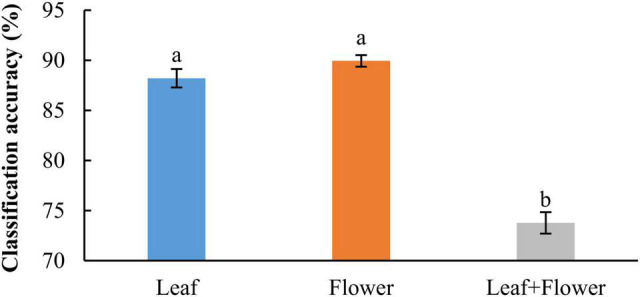 Classification accuracies in differentiating hemp cultivars by pooling samples at all the growth stages. The classification accuracy is obtained by averaging the accuracies in 30 modeling replicates, and the error bar indicates the corresponding to the (positive/negative) standard error. The two accuracies with different letters are statistically different at the 5% significance level.