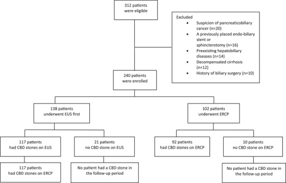 Study Flowchart. A total of 312 patients met the inclusion criteria, of whom 72 were excluded. Thus, 240 patients were enrolled: 102 with ascending cholangitis who underwent ERCP, and 92 with CBD stones, while 10 had no CBD stones. Additionally, 138 patients without ascending cholangitis underwent EUS. Of these, 117 were diagnosed with CBD stones by EUS and underwent ERCP, while 21 had no CBD stones on EUS and were followed clinically with no recurrence of CBD stones. EUS, endoscopic ultrasound; ERCP, endoscopic retrograde cholangiopancreatography; CBD, common bile duct.