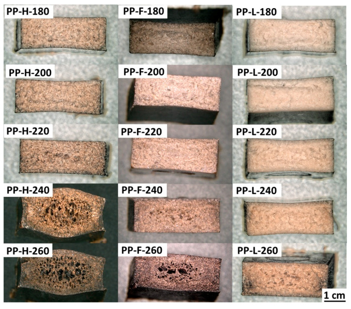 Micrographs of the fracture surfaces of composites processed at different temperatures.