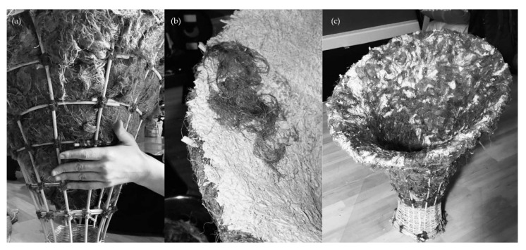 Assembly: (a), placing of fibers, (b) substrate and cover with additional layer of fibers, (c) assembled stool left to grow.