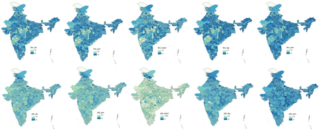 Predicted low birth weight (LBW) and preterm birth (PTB) results from Ordinary List Square (OLS), Geographically Weighed Regression (GWR), Multiscale Geographically Weighed Regression (MGWR), Spatial Lag Model (SLM) and Spatial Error Model (SEM) after adjusting environmental, Socioeconomic maternal and child characteristics.