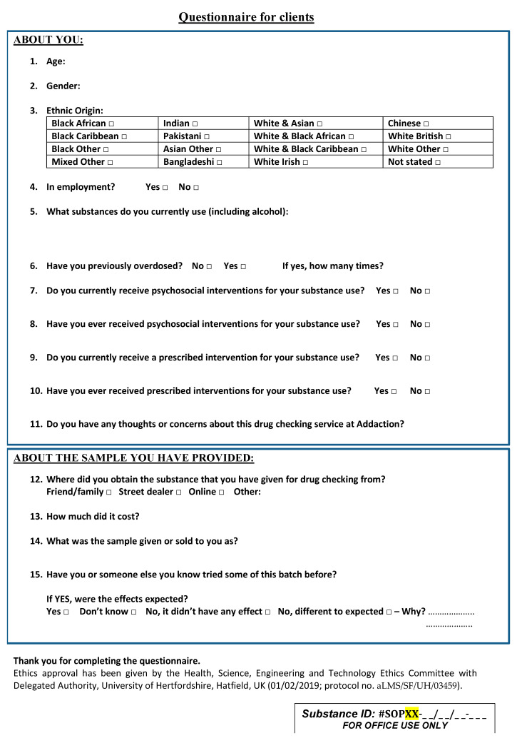 Questionnaire for clients, completed by the client, whilst awaiting the result of their sample analysis and used when delivering the tailored harm reduction intervention.