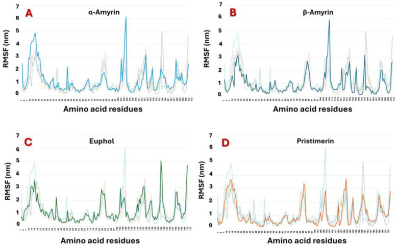 Root mean square fluctuation (RMSF) of (A) α-Amyrin–MAGL complex, (B) β-Amyrin–MAGL complex, (C) Euphol–MAGL complex, and (D) Pristimerin–MAGL complex.