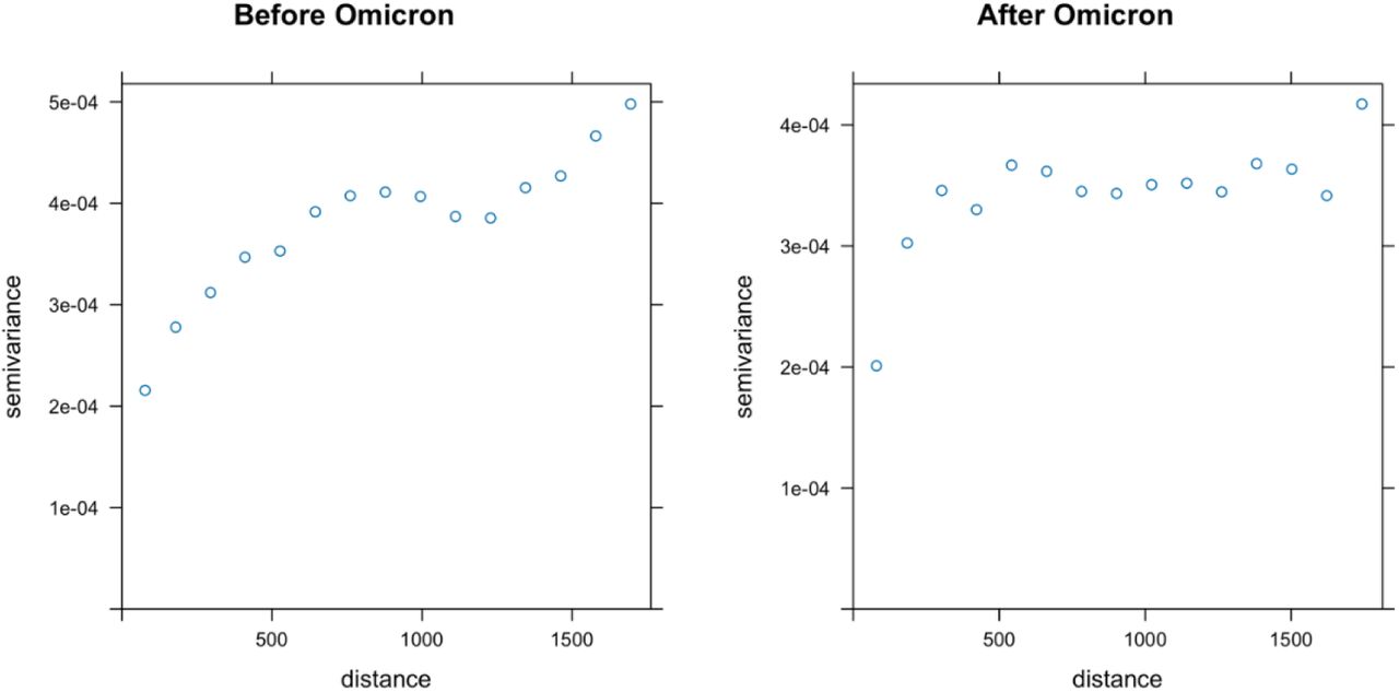 Semi-variogram analysis of county mean incidence before and after Omicron