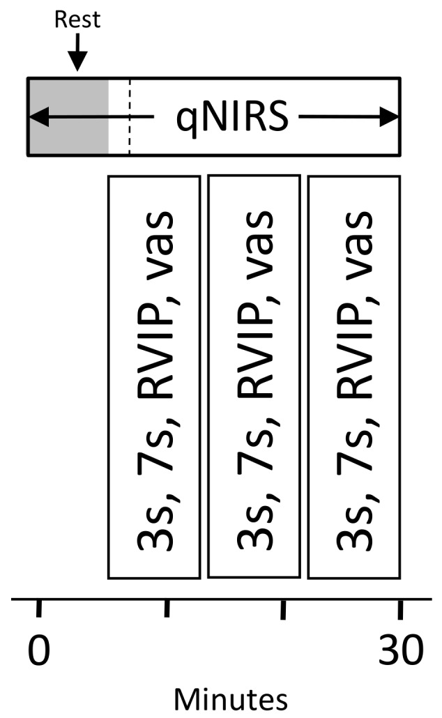 Near-infrared spectroscopy (NIRS) assessment timeline. Each NIRS assessment comprised a pre-dose resting baseline and a post-dose assessment taking place between the 60– and 180 min post-dose cognitive assessments, as shown here. The post-dose assessmentcomprised a 5 min resting period, followed by three repetitions of the Cognitive Demand Battery tasks (27 min), all of which have been shown to sensitively modulate CBF parameters in the frontal cortex previously.