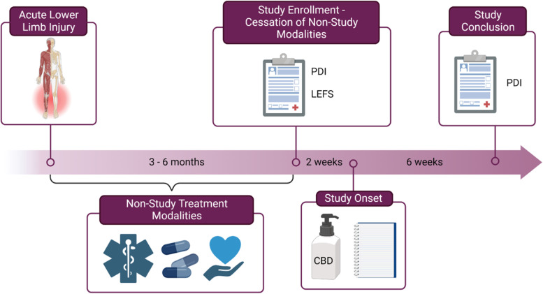 Timeline of the study design. The participants reported experiencing a lower extremity injury 3–6 months prior to enrollment. They then underwent various non-study related therapeutic modalities, which they self-reported to be ineffective. At study enrollment, they were asked to discontinue all of these modalities during the study period. At intake, participants completed the Pain Disability Index (PDI) and the Lower Extremity Functional Scale (LEFS). They also began to complete a daily pain journal. Participants received cannabidiol (CBD) treatment at 10 mg twice daily by controlled topical dispenser for six weeks. At the conclusion of the study, they completed their last entry in the pain journal as well as a second PDI