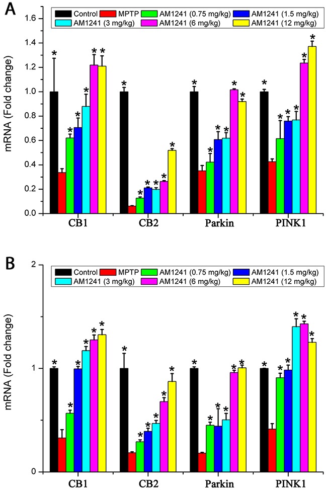 mRNA levels of CB1, CB2, Parkin and PINK1 in the substantianigra of control mice, MPTP group and AM1241 treatment groupsThe values were represented as the means ± S.E.M.