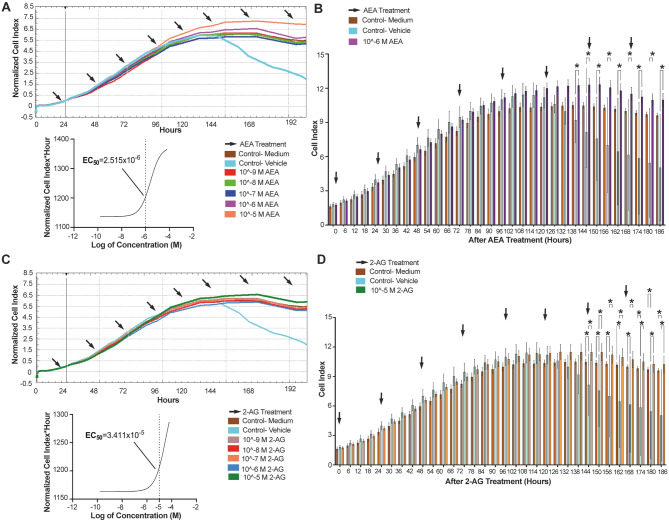 AEA and 2-AG slightly induce the proliferation of hiPSCs. A. Normalized CI values of 10− 9 to 10− 5 M AEA- applied groups in comparison to medium and vehicle controls (%0.001 ethanol) for 200 h sorting the EC50 for AEA by RTCA. (B) AEA presents a therapeutic proliferative window at 10− 6 M between 138–186 h. (C) Normalized CI of 10− 9- 10− 5 M 2-AG applied groups in comparison to medium and vehicle controls for 200 h sorting the EC50 for 2-AG by RTCA. (D) 2-AG presents a therapeutic proliferative window at 10− 5 M from 144 to 186 h. * p < 0.05