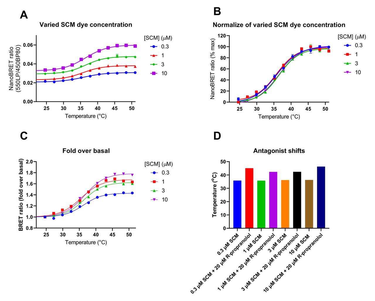 Effect of different SCM dye concentrations on Tm determinations from the tsNluc-β2AR solubilised in DDM.Increasing concentrations of SCM dye were incubated with a fixed level of tsNluc-β2AR and subject to a thermal gradient, Tm values were determined following the addition of a fixed concentration of furimazine (10 μM). BRET ratio values are shown in (A) and normalised data in (B) for the different dye concentrations. Fold over basal values are shown in (C), and demonstrate the potential for signal improvement when increasing SCM concentration from 0.3 to 10 μM. The effect of dye concentration on the antagonist shift observed is shown in (D). Data are single values determined from a single experiment.