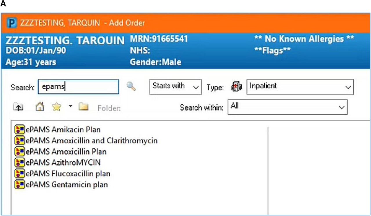 Screenshots illustrating technical components of the ePAMS+ interventionA: ePAMS+ Order PlansB: ePAMS Amoxicillin Order PlanC: Antibiotic ReviewD: Decision Aid includes fields to record proposed site of infection (Body System) and working diagnosis (Indication)