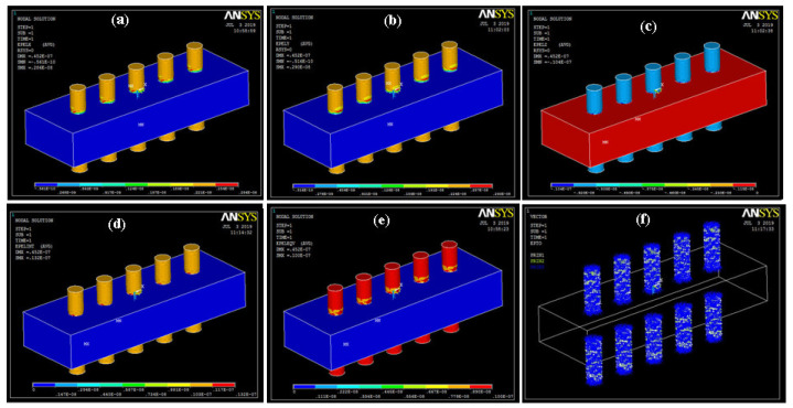 Strain (a) X; (b) Y; (c) Z; (d) intensity; (e) Von Mises; (f) vector form.