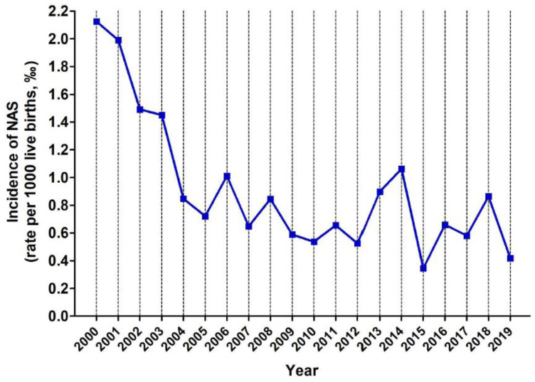 Incidence of NAS (expressed as rate per 1000 live births, ‰) in Castilla y Leon between 2000 and 2019.