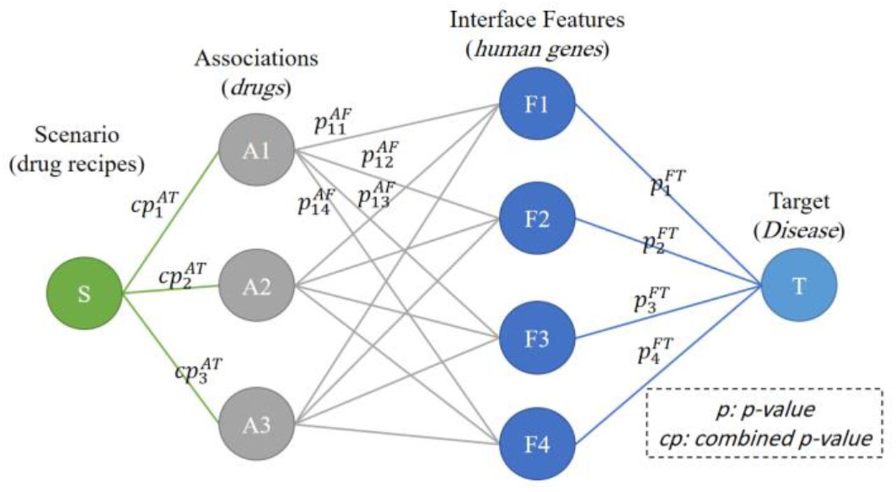 The general structure of the GNN model to suggest an effective drug combination in the management of disease using human proteins/genes as interface features.