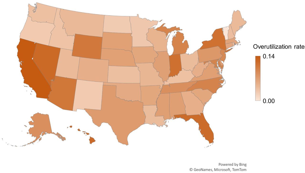 The heat map showcases the predicted overutilization rates across states in the United States, providing a visual representation of the variations in overutilization patterns across different regions. The darker colors represent higher rates of overutilization.