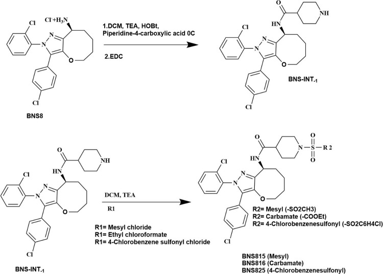 Chemical Synthesis of BNS815, BNS816, and BNS825, According to General Procedure B, as Described in the Experimental SectionRepresentation of synthetic transformation where R1 denotes the reactant functional group (Mesyl chloride, Ethyl chloroformate, or 4-Chlorobenzene sulfonyl chloride), and R2 represents the final substituent (−SO2CH3, −COOEt, or −SO2C6H4Cl) incorporated into the product.